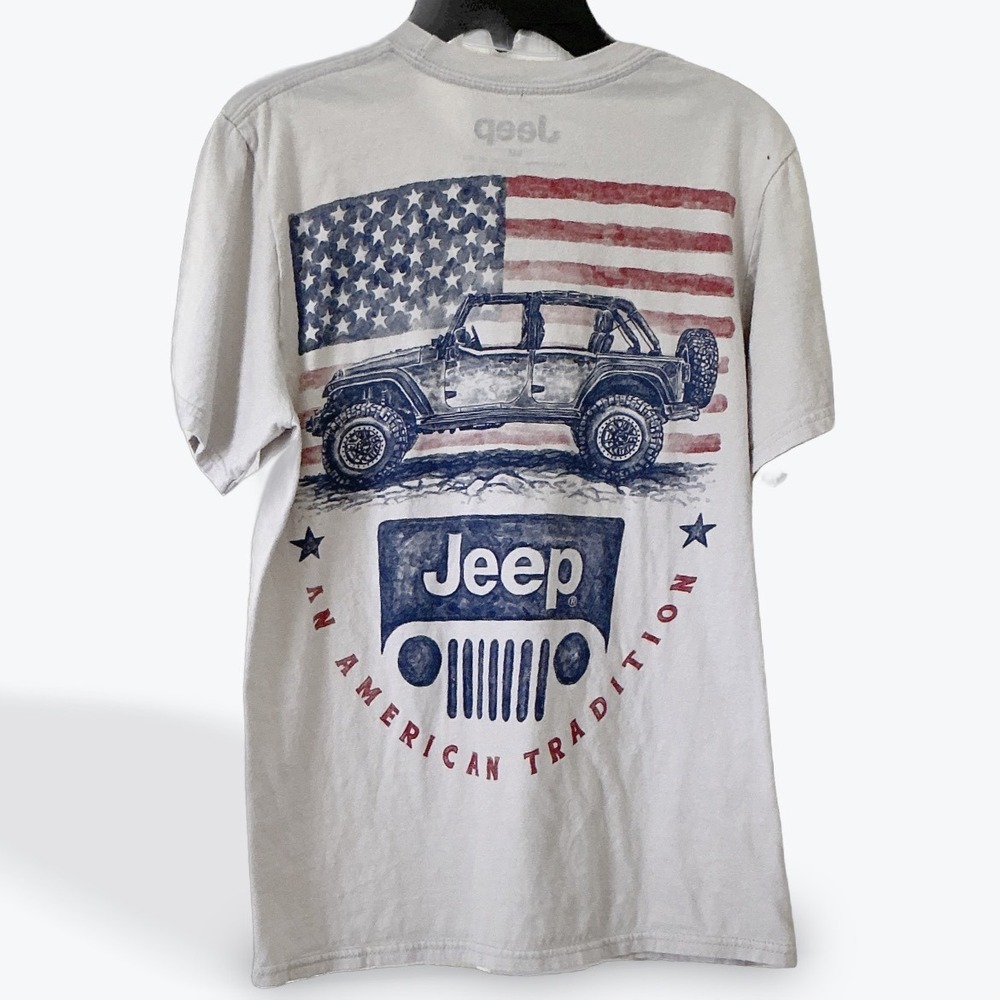 Jeep Graphic Tee American Flag Wrangler Back Print Cream Cotton Size Small